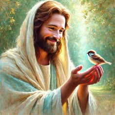 a painting of jesus holding a bird in his hand and smiling at the camera,