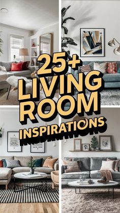 the living room is decorated in white and black with text overlay that reads 25 + living room inspirations