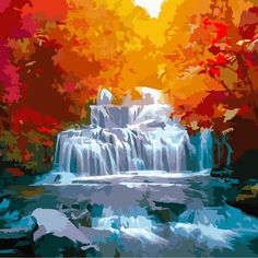 a painting of a waterfall surrounded by trees in the fall with colorful leaves on it