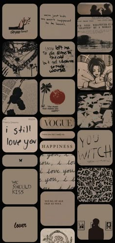 many different types of writing and pictures on a black background, with the words i still love you written in cursive ink