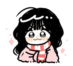 a drawing of a girl with black hair wearing a red scarf and pink coat, her eyes are closed