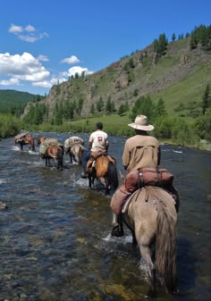 several people riding horses across a river in the mountains and grass, with trees on either side