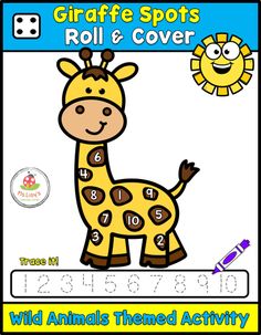 a giraffe spot roll and cover game with numbers for kids to learn how to read