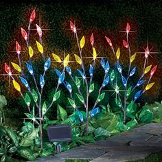 colorful lights in the shape of flowers and leaves are lit up on a garden path