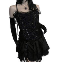 Tabatha Gothic Corset Satin Panel Black Gothic Lace Corset For Cosplay, Fitted Lace Corset For Cosplay, Alternative Fashion Overbust Corset Dress, Strapless Corset Back Dress For Halloween, Overbust Corset Dress For Alternative Fashion, Gothic Party Corset Dress With Straps, Gothic Corset Dress With Straps For Party, Halloween Lace Corset Dress With Corset Back, Black Corset Dress For Halloween With Corset Back