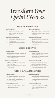 Ready to transform your life? Discover how to become the best version of yourself in just 12 weeks with this easy-to-follow guide. Covering physical health, mental well-being, personal development, and relationship growth, this plan will help you create lasting change. Start your journey to a better you today!  Personal Growth, Self Improvement, 12 Week Transformation, Life Goals, Healthy Habits, Wellness Plan, Motivation, Cool Rich Aunt, Lifestyle Tips, Elevate Everyday, Self Care Create A Healthy Lifestyle, 2 Week Health Challenge, Creating Better Habits, Goals For Bettering Yourself, Plan Life Goals, Realistic Health Goals, Self Care And Growth, How To Change Personality Tips, How Change Yourself