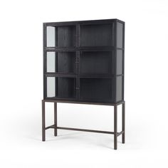 a black bookcase with glass doors on the front and bottom shelves, against a white background