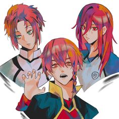 three anime characters with red hair and blue eyes, one is holding up his hand