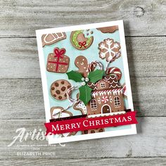 a christmas card with gingerbreads, cookies and holly leaves on it's side