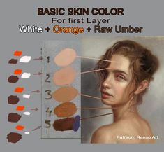 an image of a woman with different colors on her face and the words, basic skin color for first layer white + orange + raw umber