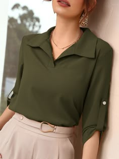 Verde Militar elegante Collar Manga Comprida Tecido Simples Top Embellished Elasticidade Baixa Primavera / Outono Tops, blusas & camisetas para Mulheres Women Blouses Fashion Classy, Women Blouses Fashion, Half Sleeve Blouse, Plus Size Outerwear, كريستيانو رونالدو, Roll Up Sleeves, Collar Blouse, Blouse Styles, Outfits Casuales