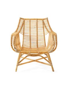 a chair made out of wood and wicker with an armrest that is bent to the side