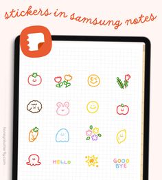 an ipad screen with stickers on it and the words stickers in samsung notes