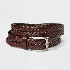 Give your everyday looks a stylish update with this Braided Lace Webbed Belt from Goodfellow & Co™. The braided lace belt features a webbed design for a classic look, while a shiny metal buckle closure with multiple holes helps you get a customized fit. Pair it with everything from a jeans-and-tee combo to a button-down and khakis for a perfectly sleek finishing touch. Goodfellow & Co™: Where style & fit are always in good company. Casual Woven Belts For Spring, Casual Adjustable Braided Belt, Casual Braided Leather Belt, Casual Brown Woven Leather Belt, Casual Brown Woven Belt, Rugged Brown Belt Buckles With Leather Strap, Masculine Brown Belt For Everyday Use, Luxury Braided Brown Belt, Lace Belt