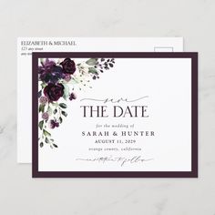 an elegant save the date card with purple flowers