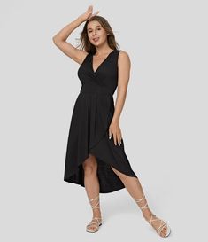 Deep V Neck Sleeveless Plicated High Low Crossover Hem Flowy Midi Casual Dress Slip Dress Beach, Midi Casual Dress, Flowy Dress Casual, Black Flowy Dress, Black High Low Dress, Float Dress, High Low Midi Dress, Flowy Midi Dress, Hi Low Dresses