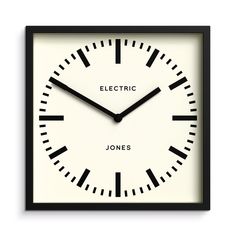 a black and white clock with the words electric jones written on it's face