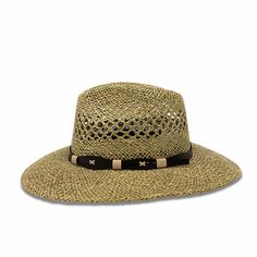 Shape: Panama Hat, Indiana StyleMaterial: SeagrassSize: Small, Medium, Large & XLBrim: 3.25”Color: GreenDetail: "Band" (Toquilla)Hat Care: Always handle your hat by the top. Do not place hat with brim on the surface, it will cause it to flatten the brim. Always Brim turned up.To dust off, use a soft brush.To remove stains, wipe with a cloth, then let it dry naturally with the brim turned up.Steam it to shape if necessary.Misshapen flat brim straw hats can be shaped carefully with a lukewarm Woven Sun Hat With Short Brim For Rodeo, Adjustable Country Fedora For Kentucky Derby, Country Style Straw Fedora Hat, Country Style Straw Hat With Woven Detail, Straw Visor Sun Hat For Kentucky Derby, Natural Hat Band With Flat Brim For Country Events, Woven Toquilla Straw Fedora, Woven Toquilla Straw Fedora Hat, Country Style Woven Sun Hat With Flat Brim