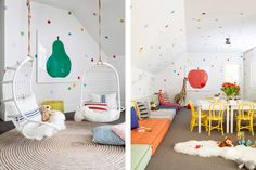 two pictures of a child's room with colorful furniture and decor on the walls