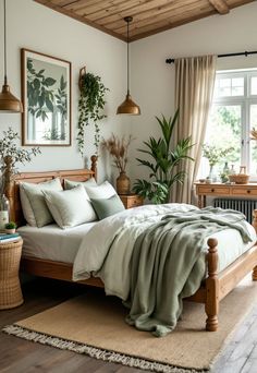 Sage Green Bedroom Ideas For Couples, Boho Bedroom With Green Bedding, Sage Modern Bedroom, Sage House Interior, Natural Interior Design Bedroom, Sage Green Earthy Aesthetic, Olive And Sage Bedroom, Calke Green Bedroom, Sage Master Bedrooms Decor Cozy