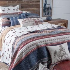 a bed with a wooden headboard and pillows on top of it, in a bedroom