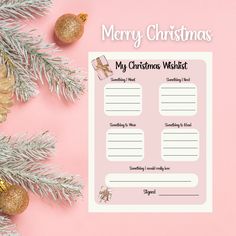 a christmas wish list with ornaments on pink background