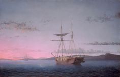 a painting of a ship in the ocean at sunset with another boat nearby on the water