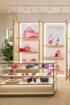 the inside of a shoe store with shoes and purses on display