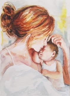 a watercolor painting of a woman holding a baby