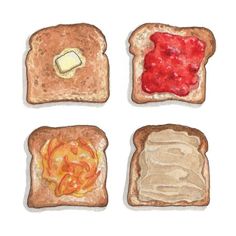 four slices of toast with peanut butter, jelly and jam on them are shown in this drawing