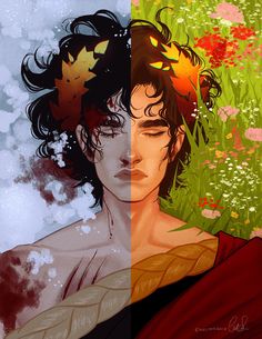 two different images of a man and woman with flowers in their hair, one has his eyes closed