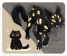 two black cats with glowing yellow eyes, one is sitting down and the other is standing up