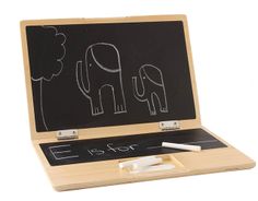 an open laptop computer sitting on top of a white table next to a chalkboard