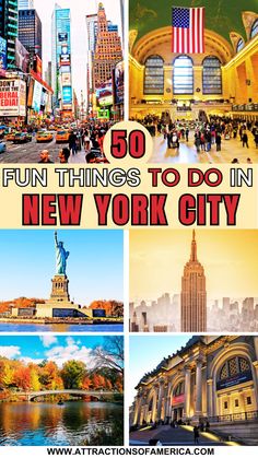 50 fun things to do in New York City with image of Empire State Building, Time Square, Statue of Liberty and more. Must Visit Places In New York, New York During Summer, Best Of Nyc, Free Things To Do In New York, New York To Do List, New York To Do List Travel Guide, New York Places To Visit Bucket Lists, One Day In New York City, Nyc To Do List