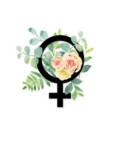 an image of a female symbol with flowers and leaves around it on a white background