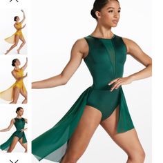 a woman in a green leotard and yellow dress