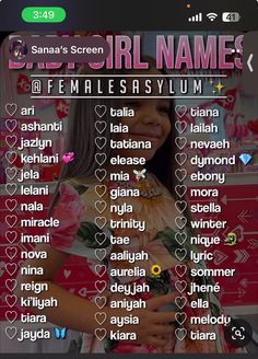 the girl name game is displayed on an iphone screen, with hearts and flowers all over it