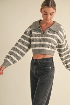 Stay warm without sacrificing style in our playful Long Sleeve V-Neck Stripe Knit Sweater. This collared, cable knit sweater features a unique cropped design that adds a touch of quirkiness to any outfit. Perfect for a fun and cozy night out! Stripe Knit Sweater, Knit Cropped Sweater, Stylish Sweater, Stylish Sweaters, Cozy Night, Cable Knit Sweater, New Tops, Contemporary Fashion, Striped Knit