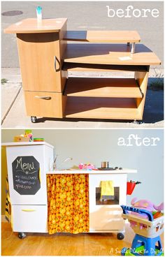 before and after photos of an old toy kitchen