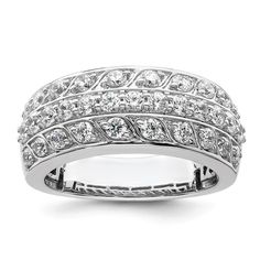 Rhodium over 14K white gold three row wedding band with 1.241 cttw, I1 clarity round diamonds and polished finish. Band width measures approximately 3/16". White Gold Diamond Band, 14k White Gold Diamond Ring, Wedding Ring Diamond Band, Gold Diamond Band, Diamond Anniversary Rings, Wedding Band Ring, Diamond Anniversary, Eternity Wedding Band, Diamond Rings Bands