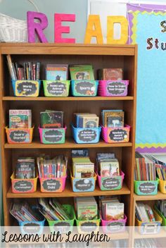 a book shelf filled with books next to a sign that reads, read and study