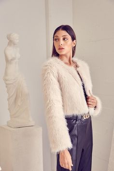 Plush Faux Fur Cropped Jacket Brand: DO + BE Style: Y22326 Fabric: 100%POLYESTER Details: FAUX FUR LONG SLEEVE CROPPED JACKET Cropped Faux Fur Coat, Faux Fur Cropped Jacket, Boucle Coat, Long Evening Dresses, Fitted Denim Jacket, Fur Jackets, Elegant Coats, Miss Sixty, Jacket Brands