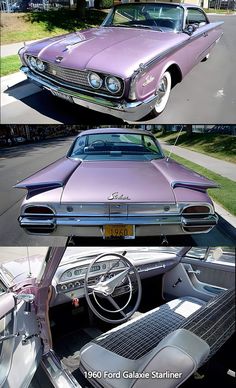 two pictures of an old purple car and the same one in different stages of being restored