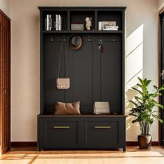 an entryway with a bench, bookshelf and potted plant in it