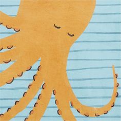 an orange octopus on a blue and white striped background