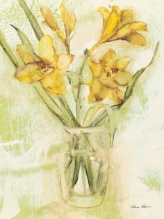 a painting of yellow flowers in a glass vase