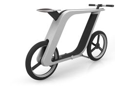 an electric scooter with wheels is shown in white and black, on a white background