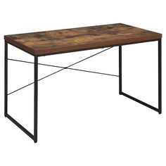 a wooden table with metal legs and a wood top on an isolated white background,