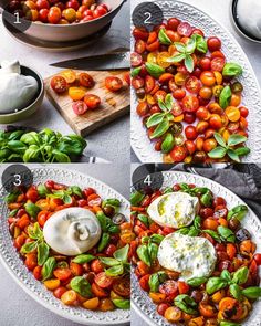 the steps in how to make a tomato salad with basil and mozzarella cheese