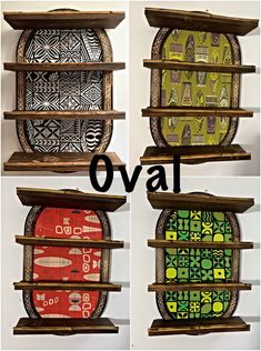 three wooden shelves with different designs on them and the words o'av above them